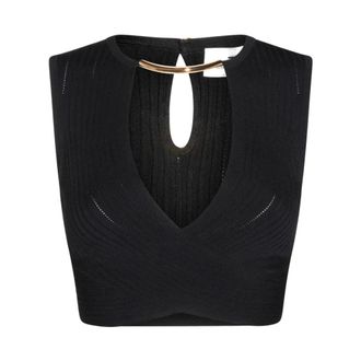 Elisabetta Franchi Sleeveless Tops, female, Black, Size: L Ribbed V-Neck Top