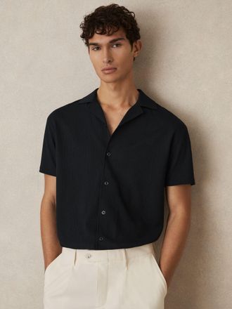 Reiss Navy Textured Crepe Cuban Collar Shirt, M
