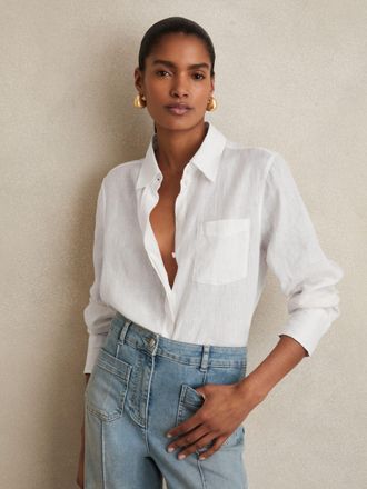 Reiss White Linen Button-through Shirt, 14