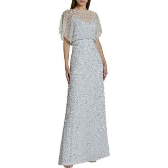 Mac Duggal Beaded Mesh Gown With Shawl in Powder Blue at Nordstrom, Size 16