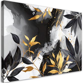 Feeby Cuadro Sobre Lienzo, Hojas Negras Y Doradas Plantas Abstracci&oacute;n, 100x70