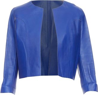 Marni cobalt blue beige lined lamb leather rounded sleeve cropped jacket IT38 XS
