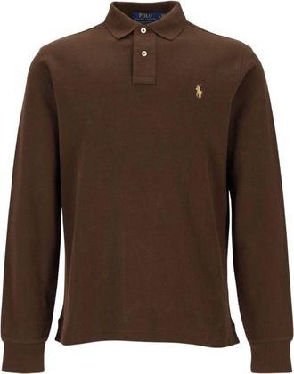 Polo Ralph Lauren Custom Slim Fit Long Sleeve Polo - Heren - Tops - Bruin - Maat: L Katoen