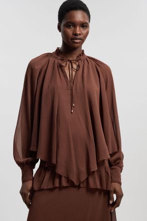 Karen Millen Womens Crinkle Chiffon Cape Woven Blouse - Chocolate - Size 12 UK