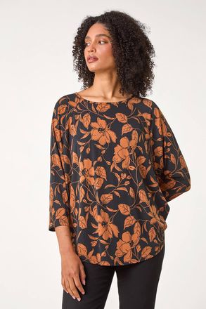 Roman Leaf Print Raglan Sleeve Stretch Top