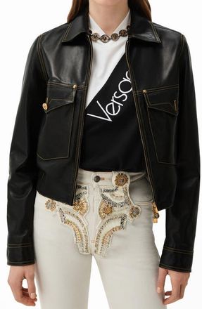 Versace Piuma Lambskin Leather Jacket in Black at Nordstrom, Size 40