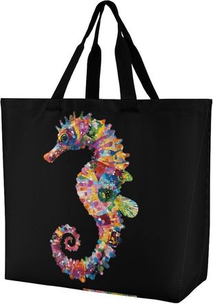 Generic Colorful Seahorse Reusable Shopping Bags One Shoulder Grocery Tote Bag Waterproof Big Purse for Work Travel