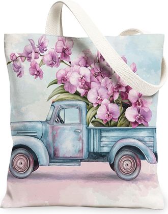Generic Spring Orchid Truck Flower Canvas Tote Bag for Shopping 13x15, Farmhouse Floral Scenic Reusable Grocery Print Pattern Bag for Women Men, Garden Aesthe