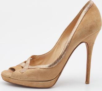 Jimmy Choo London Beige/gold Suede And Leather Open Toe Pumps