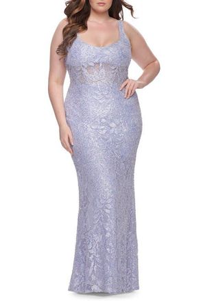 La Femme Fitted Beaded Lace Plus Size Prom Dress with Illusion Waist in Light Periwinkle at Nordstrom, Size 16W