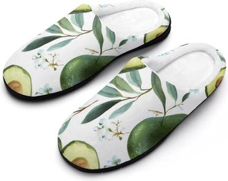 Generic Avocados Flowers Leaves Slippers Men Winter Warm Cotton Anti-Slip Indoor Slip-Ons House Shoes