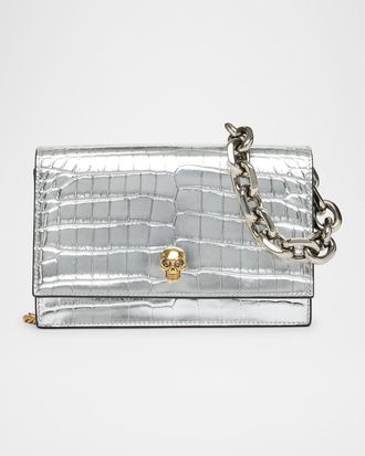 Alexander McQueen Skull Metallic Croc-Embossed Leather Shoulder Bag