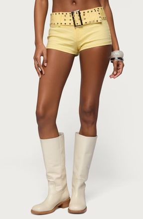 Edikted Studded Belt Denim Micro Shorts in Yellow at Nordstrom, Size X-Small