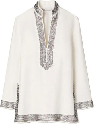 Tory Burch Overhemden, Dames, Wit, L, Linnen, Verfraaide Linnen Tuniek