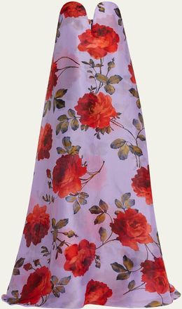 Carolina Herrera Plunging Strapless Rosette-Print Silk Chiffon Gown