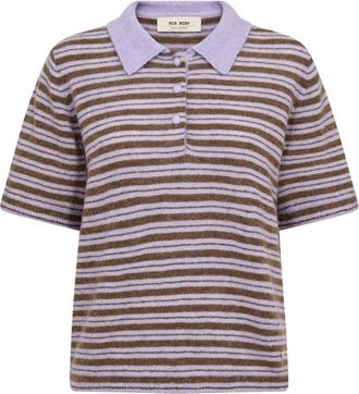 Mos Mosh MMMilvi SS Stripe Polo Knit - Dames - Ronde hals truien - Paars - S - Truien & Vesten