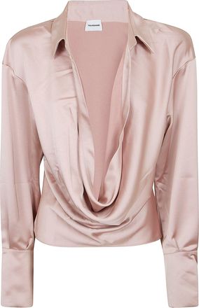 Andamane Deep V-Neck Satin Blouse with Extended Cuffs