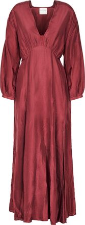 Forte_Forte Burgundy Habotai Silk Midi Dress with Puffed Sleeves