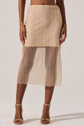Astr Messina Pearl Embellished Midi Skirt In Champagne