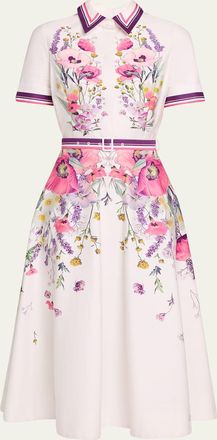 Teri Jon Belted Floral-Print Cotton Midi Shirtdress