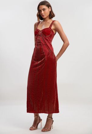 Karen Millen Womens Velvet Embellished Strappy Maxi Dress - Rust - Size 14 UK