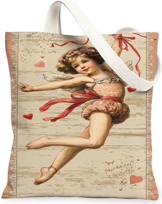 Generic ValentineS Vintage Angel Canvas Tote Bags, Romantic Cherub Heart Pattern Reusable Grocery Bags, Lightweight Washable Shoul, Peach, 13x15 Inch