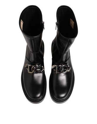 Dolce & Gabbana Mens Black Logo Plaque Mid Calf Biker Boots Shoes 100lf