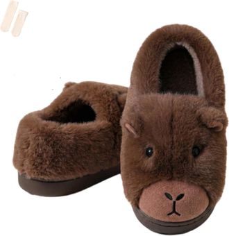 Generic Capybara Slippers for Women Kids Cute Animal Plush Home Shoes Warm Fuzzy Winter Indoor Footwear (Dark brown Full-cover, M, Adult, Women, 9, Numeric Ra