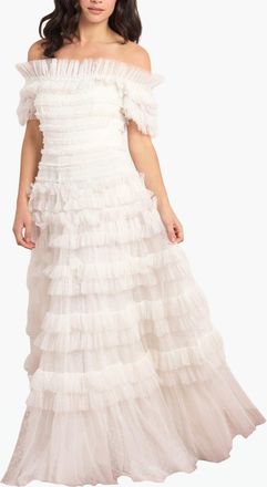 Needle & Thread Lisette Ruffle Off Shoulder Gown in Swan White at Nordstrom, Size 10