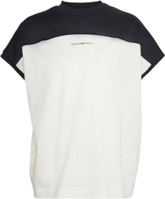 Emporio Armani Blauw en wit logo lettering t-shirt - Heren - T-shirts - Wit - L - Katoen - Tops