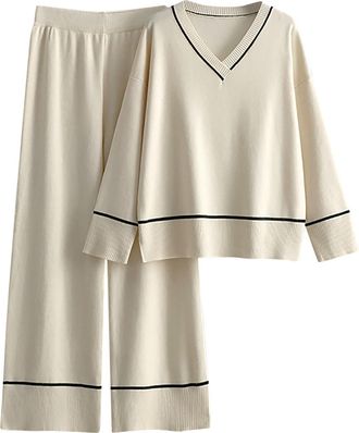 Generic Womens Fashion Knitwear Set 2025 Autumn Winter Relaxed Pullover Sweater Two Piece Outfit (Beige, One Size)