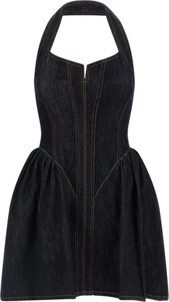 Self Portrait Vestido Mini Acampanado con Cuello Halter de Mezclilla - Dresses - Mujer - Azul - 2XS