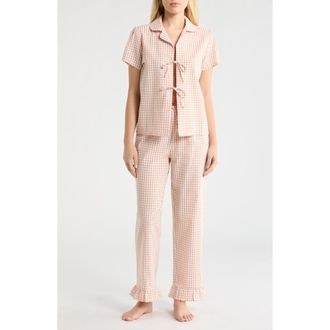 French Connection Gingham Seersucker Pajamas in Tan Combo at Nordstrom, Size X-Large