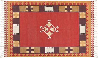 Beliani Beliani - Alfombra Kilim De Algod&oacute;n Rojo Marr&oacute;n Beige 140 X 200 Cm A Mano Geom&eacute;trico Borlas Parakar