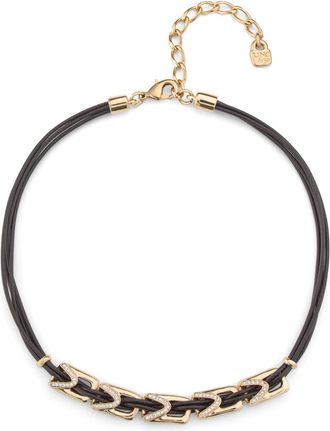 UNOde50 Short Leather Necklace With 5 Small 18K Gold Plated Metal Alloy Necklace Central Links With Topaz