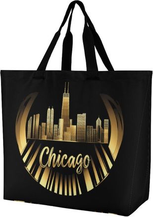 Generic Chicago Vinyl Skyline Large Reusable Shopping Bag Lightweight Foldable Tote Bags Washable Shoulder Handbag