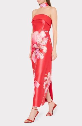 Milly Ciara Placed Floral Strapless Faille Column Gown in Lipstick at Nordstrom, Size 12