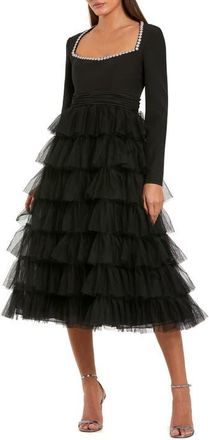 Mac Duggal Crepe And Tulle Crystal Tiered Long Sleeve Ruffle Midi Dress in Black at Nordstrom, Size 12