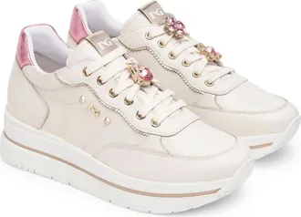 Nero Giardini Crystal Embellished Lace-Up Sneaker in Beige Multi at Nordstrom, Size 40