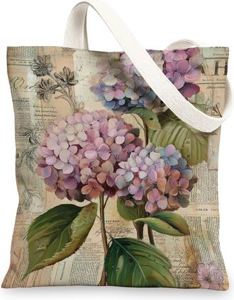 Generic Vintage Canvas Tote Bag, Hydrangea Reusable Grocery Bags, Stylish Lightweight Shoulder Strap Bags, Violet, 13x15 Inch