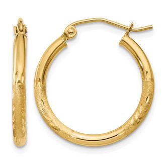 Diamond2Deal 14k Gold Satin & Diamond-cut 2x20mm Round Hoop Earrings