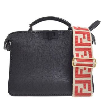 Fendi Selleria Peekaboo Iseeu Raffia With Leather Black Leather Handbag (Pre-Owned)