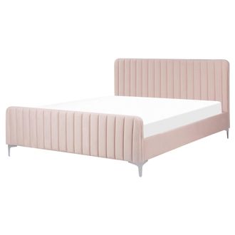 Beliani Cama Con Somier De Terciopelo Rosa Pastel 160 X 200 Cm Acolchado Patas Metal Lunan