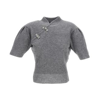 Simone Rocha Cashmere Knitwear, female, Gray, Size: M Jewelled Mandarin Collar Cashmere Sweater