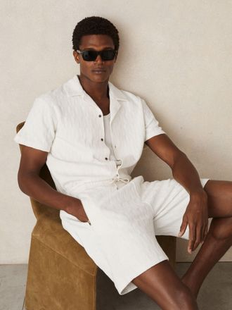 Reiss Off White Cotton Textured Drawstring Shorts, Xxl