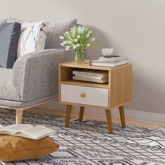 HOMCOM Bedside Table - Bedside Cabinet with Drawer and Shelf - Modern Nightstand - End Table for Living Room - Bedroom - Natural Nightstand w/ Shelf Bedroom