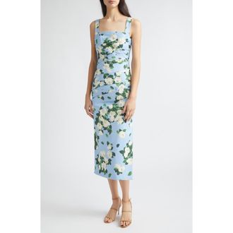 Carolina Herrera Rose Print Pleated Faille Midi Dress in Cloudy Blue Multi at Nordstrom, Size 12