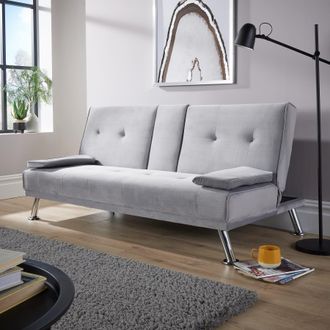 Home Source Industries Double Sofa Bed Folding Chair Armrests Crushed Velvet Metal Legs Couch in Light Grey