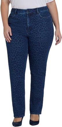 NYDJ Nydj Plus Marilyn High-Rise Dark Denim Leopard Print Straight Leg Jean