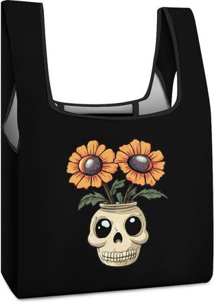 Generic Halloween Skull Flowerpot with Eyed Flowers Reusable Shopping Bags Lightweight Foldable Grocery Bag Polyester Washable Tote Bag